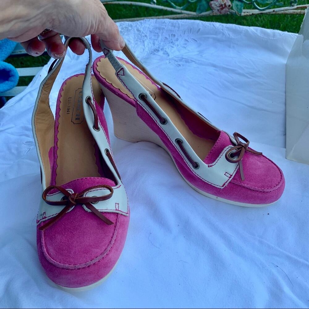 VINTAGE NEW COACH ATHENA HI WEDGE SUEDE MOCCASINS BOAT SHOES SLINGBACKS 8